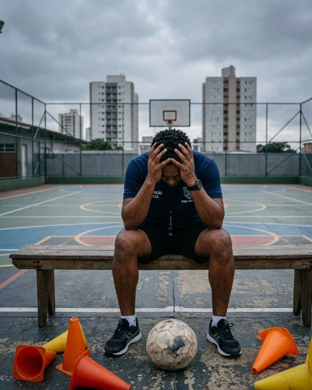 Professor exausto sentado no banco de reservas com bola murcha e cones espalhados